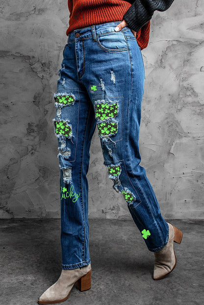 Printed Patch Distressed Boyfriend Jeans-Teresa&#39;s Fashionista LLC