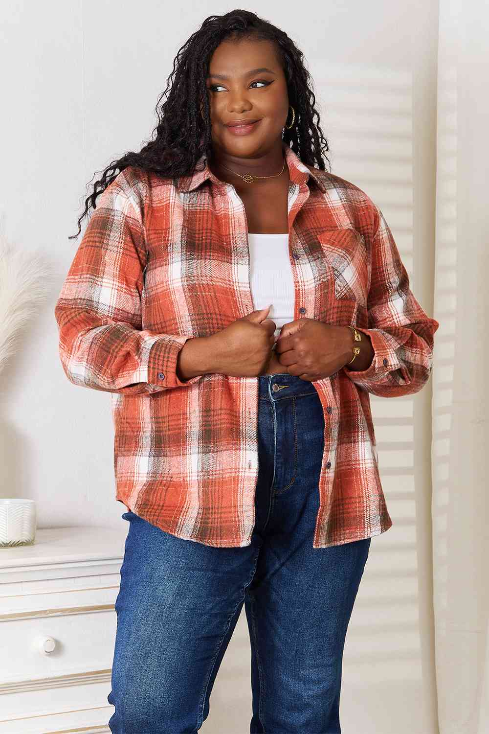 Double Take Plaid Collared Neck Long Sleeve Shirt-Teresa&#39;s Fashionista LLC