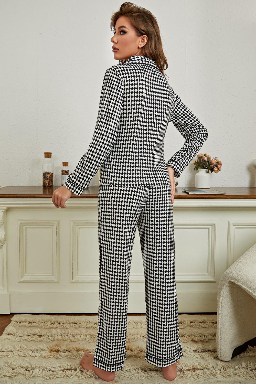 Checkered Button Front Top and Pants Loungewear Set-Teresa&#39;s Fashionista LLC