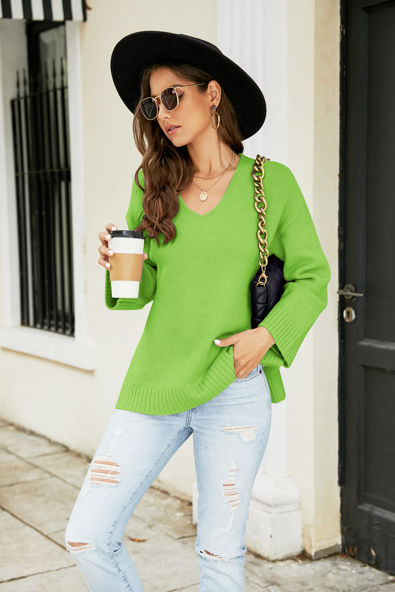 Drop Shoulder V-Neck Knit Pullover-Teresa&#39;s Fashionista LLC