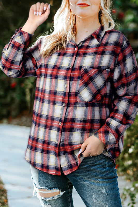 Plus Size Plaid Collared Neck Shirt-Teresa&#39;s Fashionista LLC