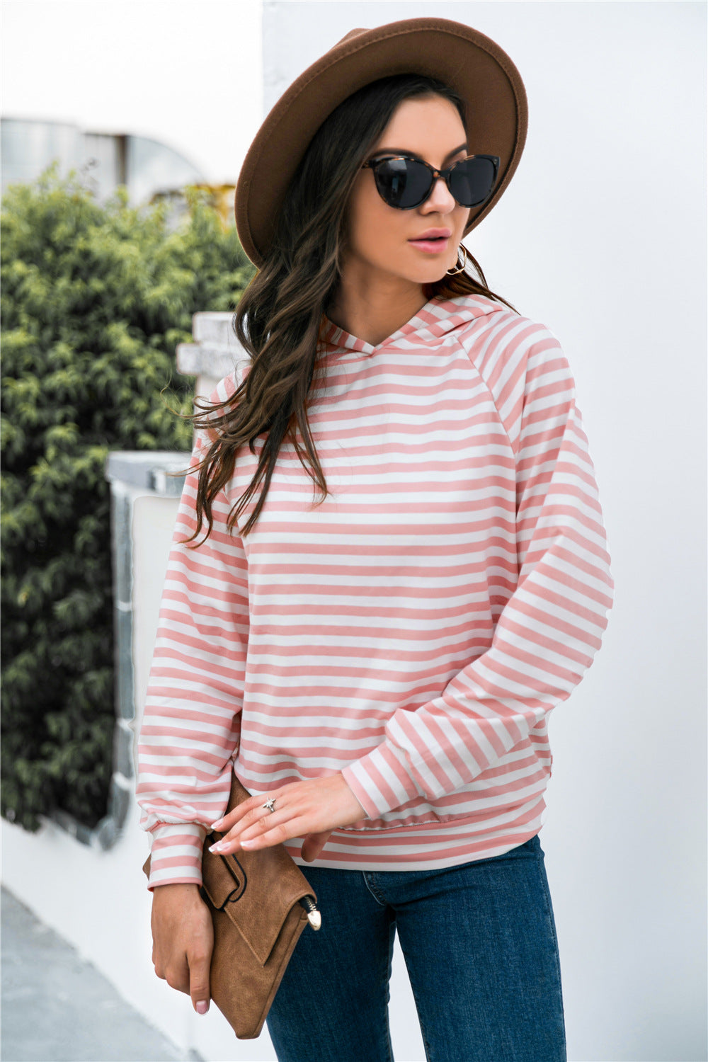 Horizontal Stripe Raglan Sleeve Hoodie-Teresa&#39;s Fashionista LLC