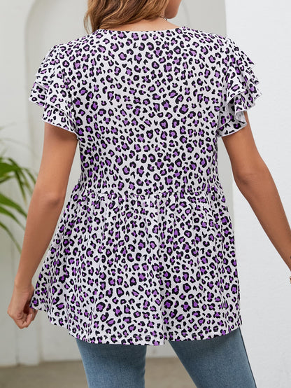 Leopard Round Neck Flutter Sleeve Babydoll Blouse-Teresa&#39;s Fashionista LLC