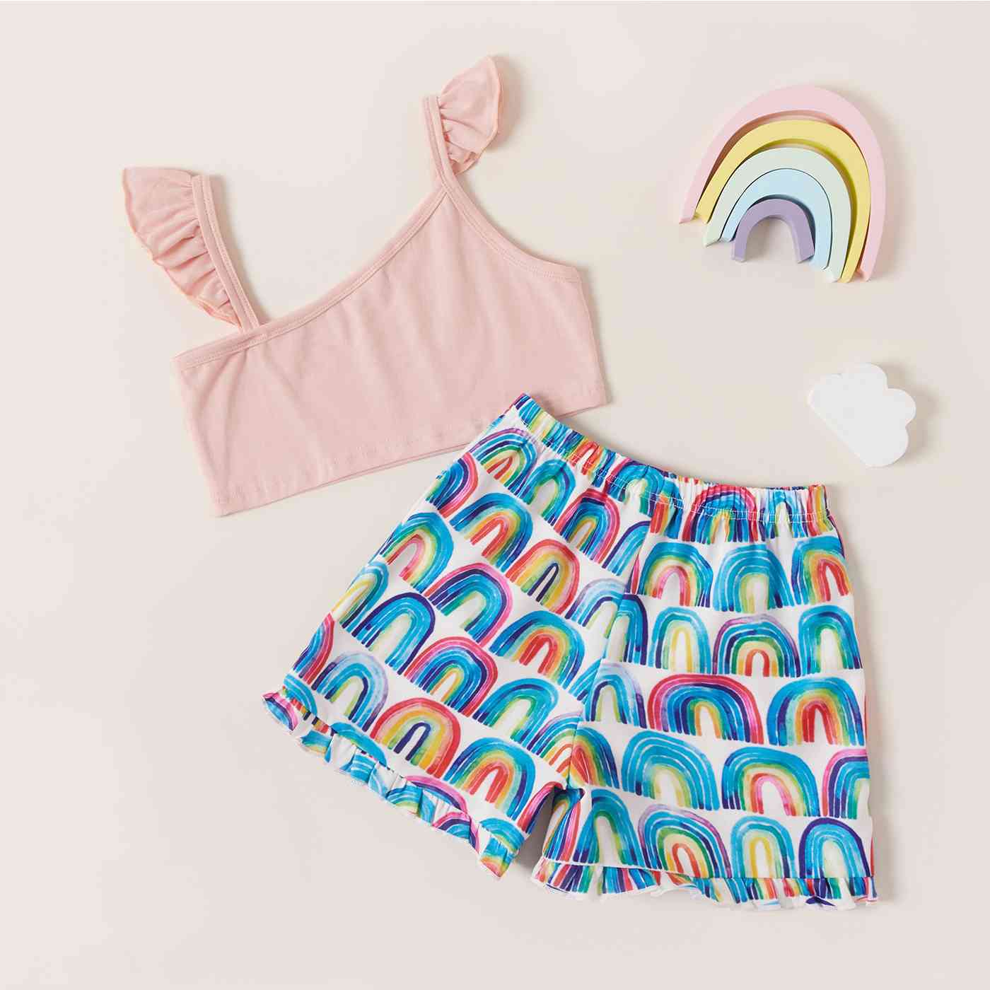 Asymmetrical Neck Top and Rainbow Print Shorts Set-Teresa&#39;s Fashionista LLC