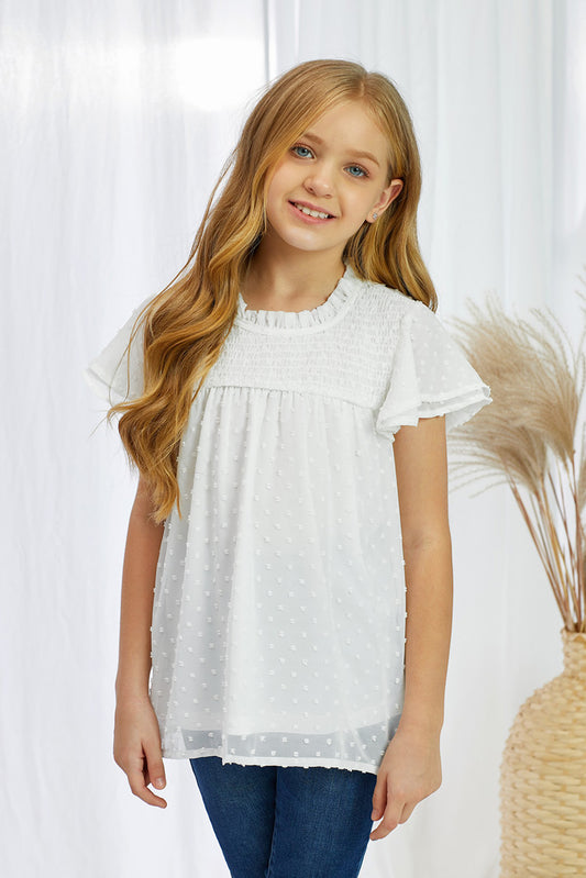 Girls Swiss Dot Smocked Flutter Sleeve Blouse-Teresa&#39;s Fashionista LLC