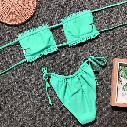 Frill Trim Ruched Bikini Set-Teresa&#39;s Fashionista LLC