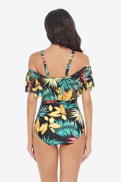 Botanical Print Cold-Shoulder Layered One-Piece Swimsuit-Teresa&#39;s Fashionista LLC