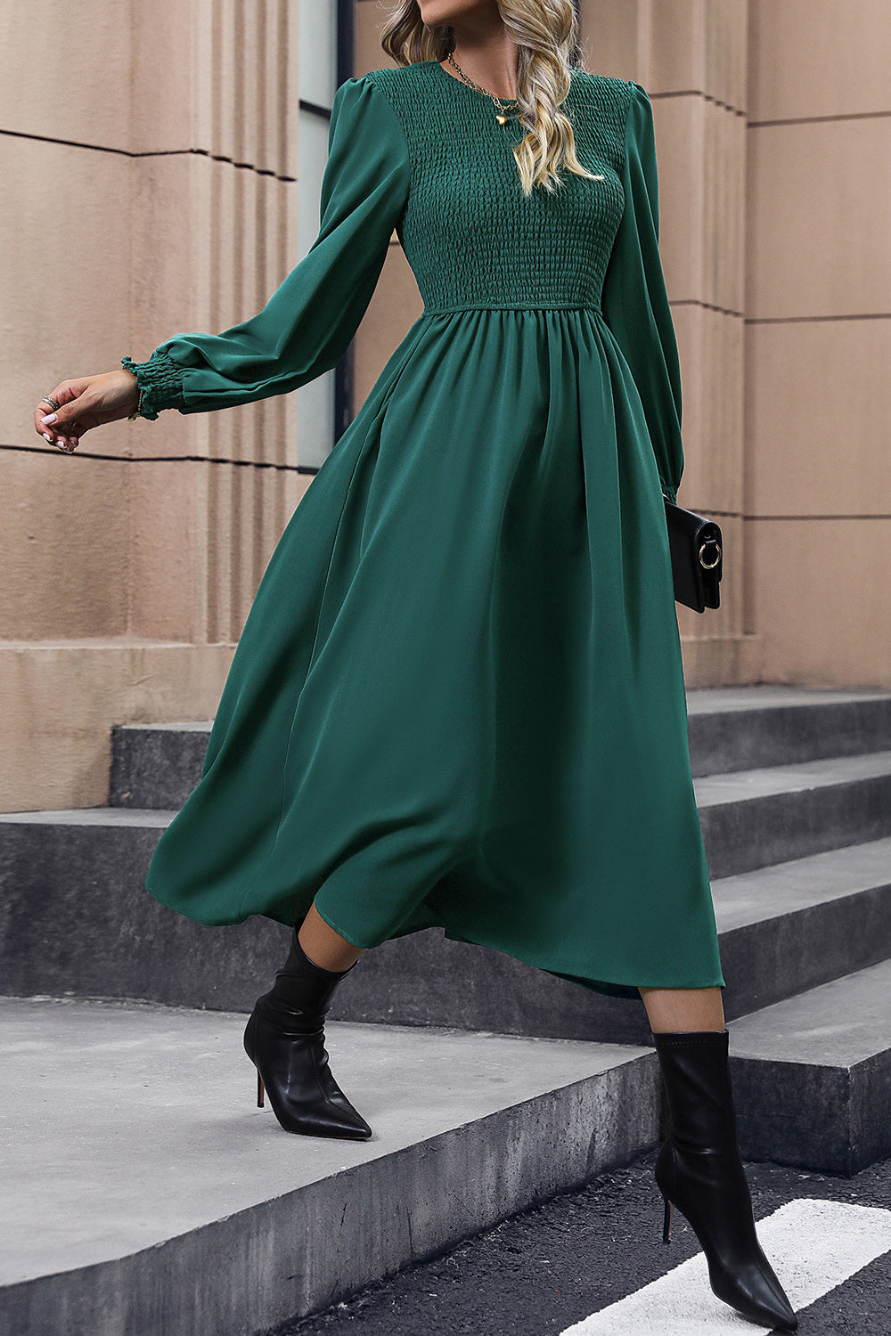 Smocked Long Sleeve Midi Dress-Teresa&#39;s Fashionista LLC