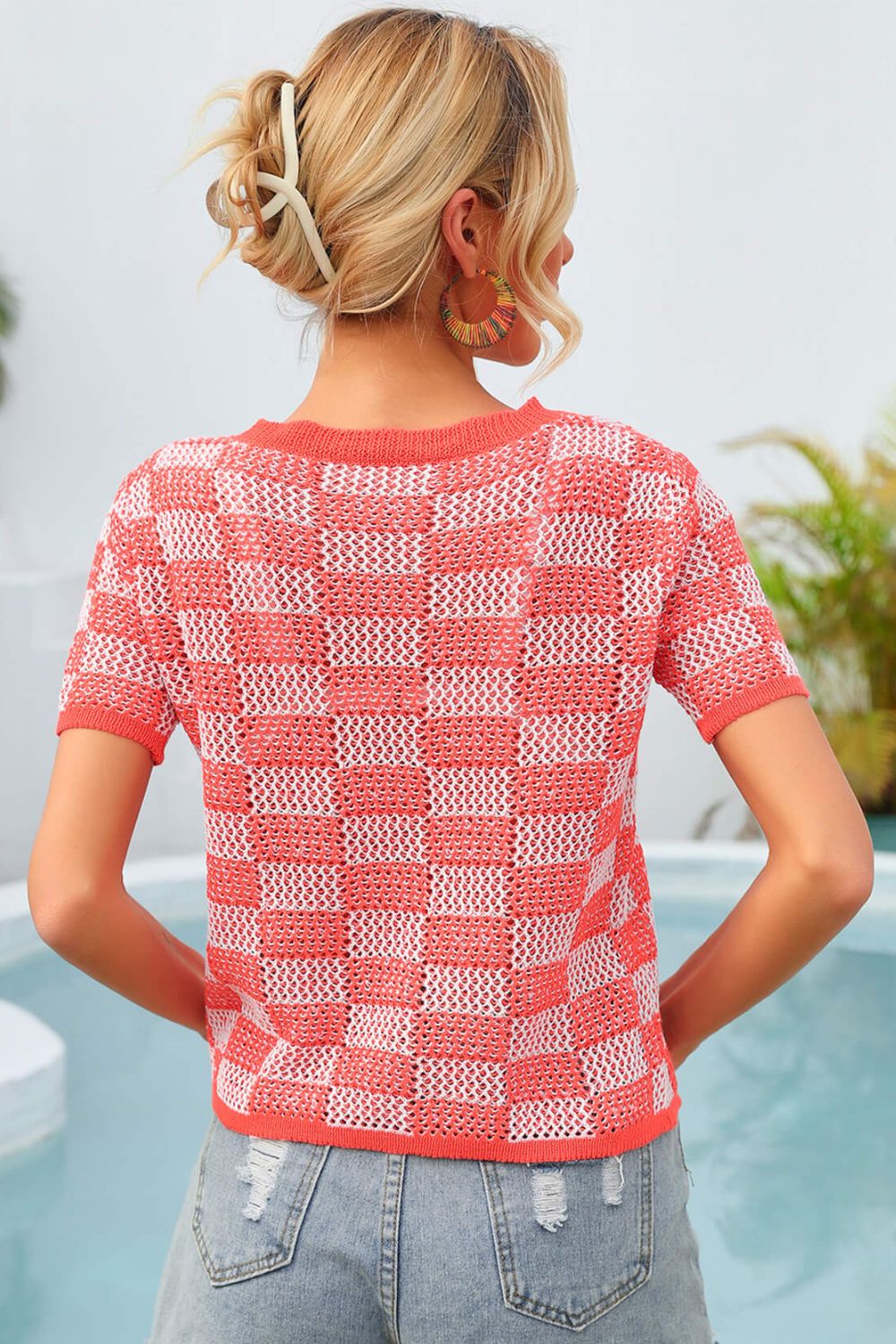 Checkered Short Sleeve Knit Top-Teresa&#39;s Fashionista LLC