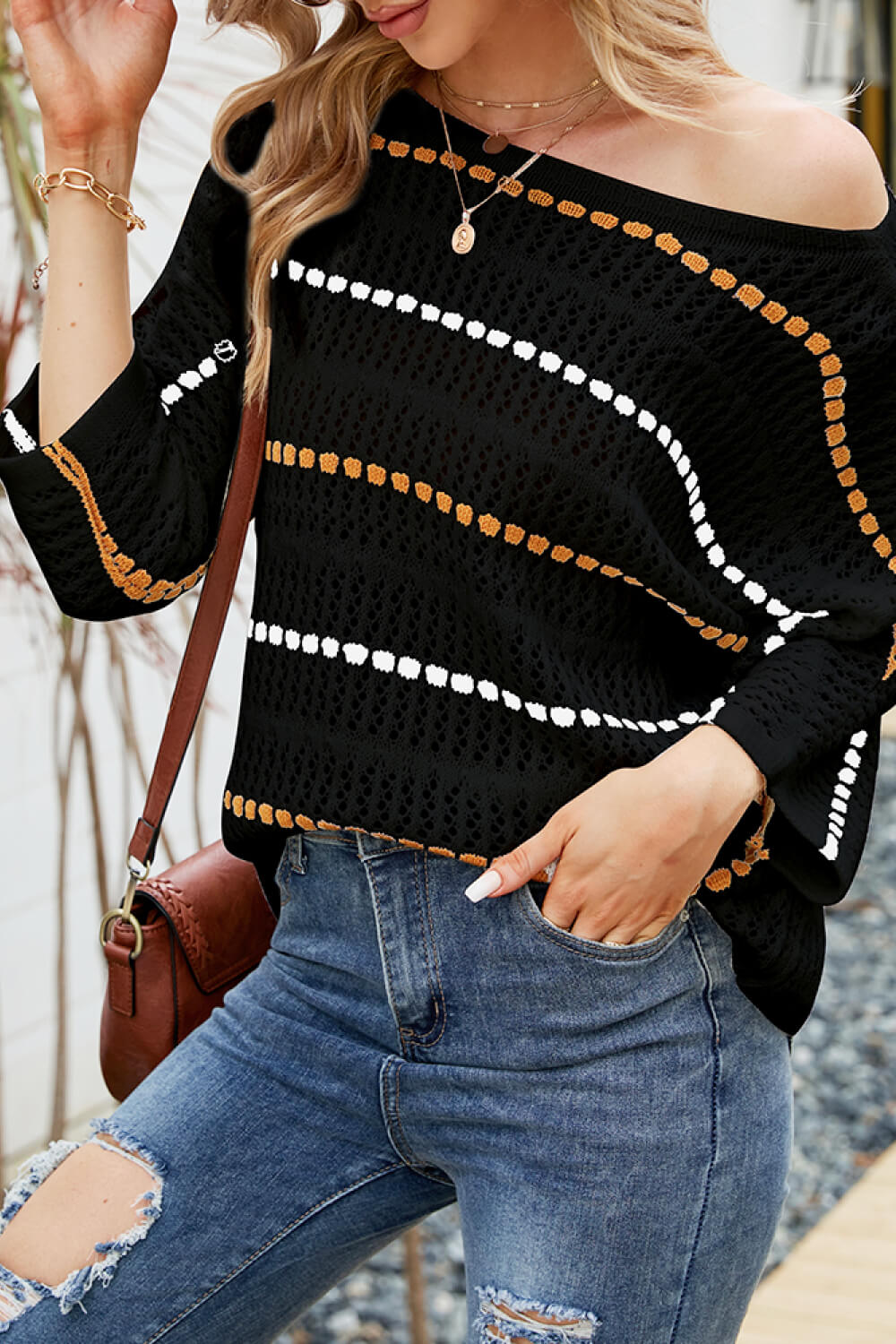 Striped Openwork Three-Quarter Sleeve Knit Top-Teresa&#39;s Fashionista LLC