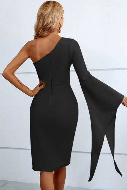 Cutout Split Flare Sleeve One-Shoulder Dress-Teresa&#39;s Fashionista LLC