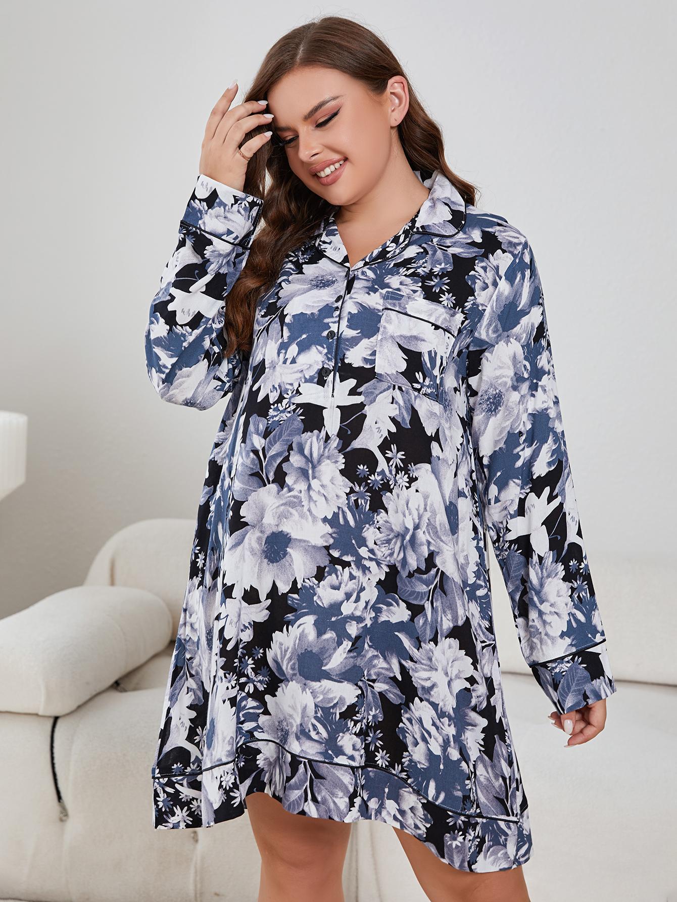 Plus Size Floral Lapel Collar Long Sleeve Night Dress-Teresa&#39;s Fashionista LLC