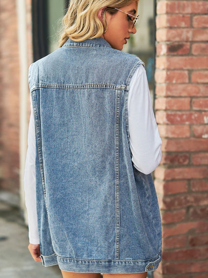 Collared Neck Sleeveless Denim Top with Pockets-Teresa&#39;s Fashionista LLC