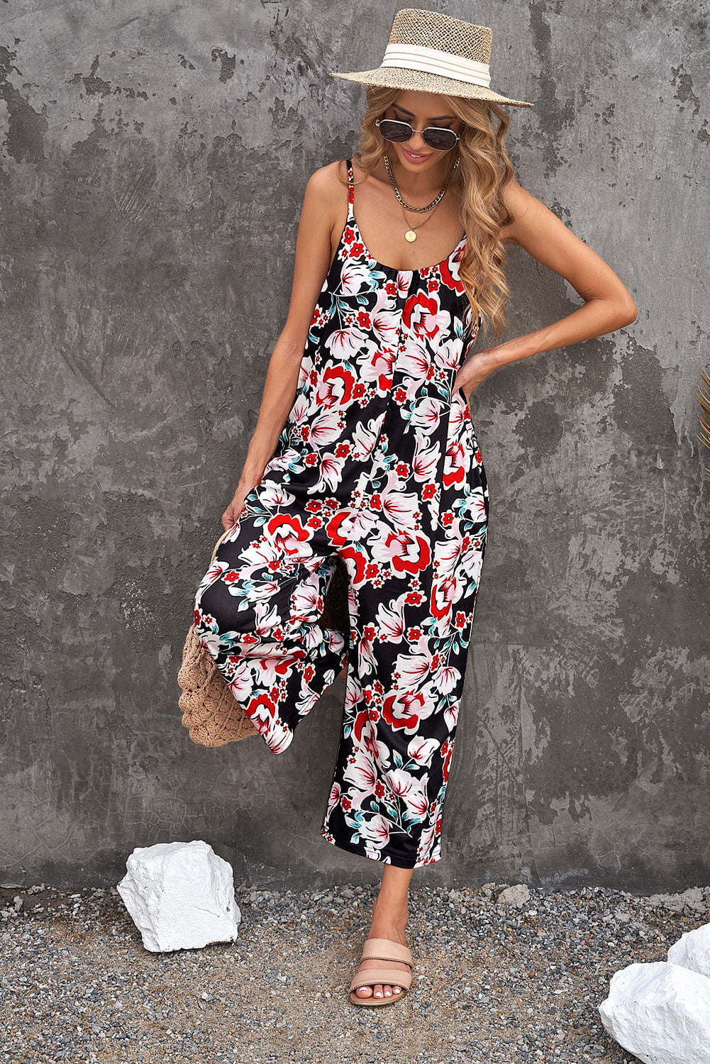 Botanical Print Spaghetti Strap Cropped Jumpsuit-Teresa&#39;s Fashionista LLC