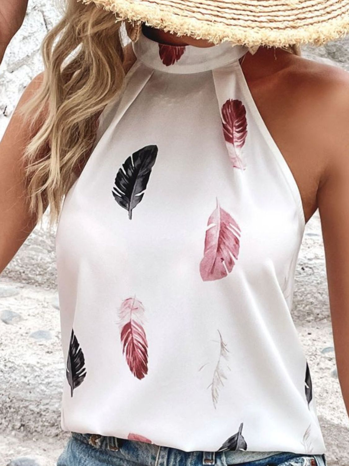 Feather Print Grecian Neck Tank-Teresa&#39;s Fashionista LLC