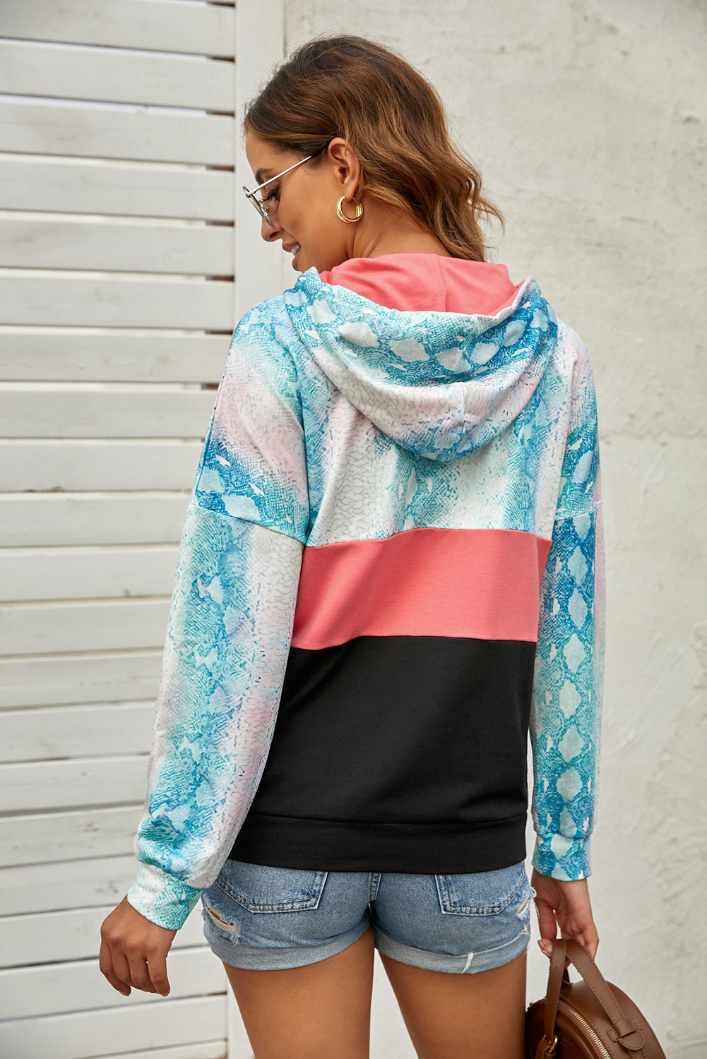 Snake Print Color Block Drawstring Detail Hoodie-Teresa&#39;s Fashionista LLC