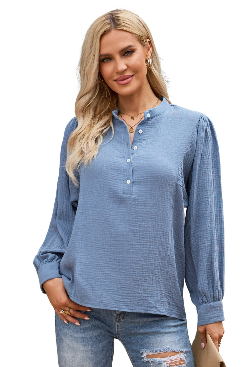 Half Button Puff Sleeve Blouse-Teresa&#39;s Fashionista LLC