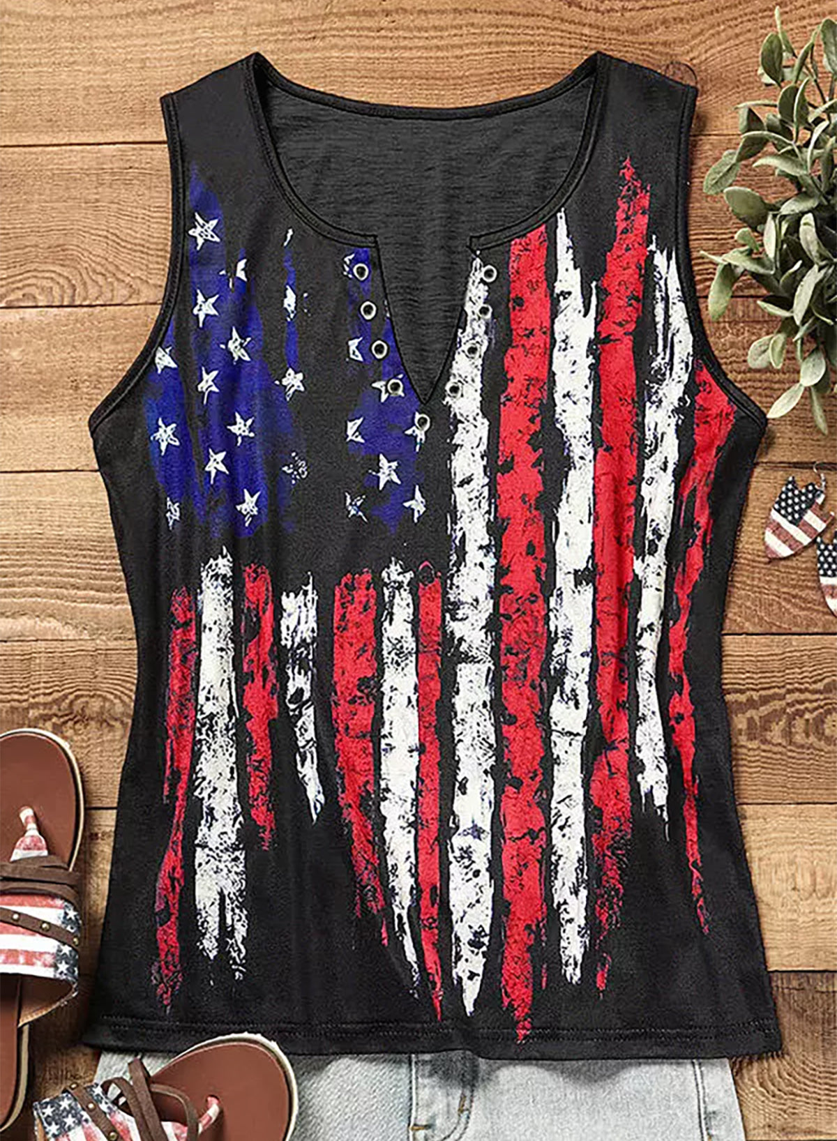 Star and Stripe Notched Neck Tank-Teresa&#39;s Fashionista LLC