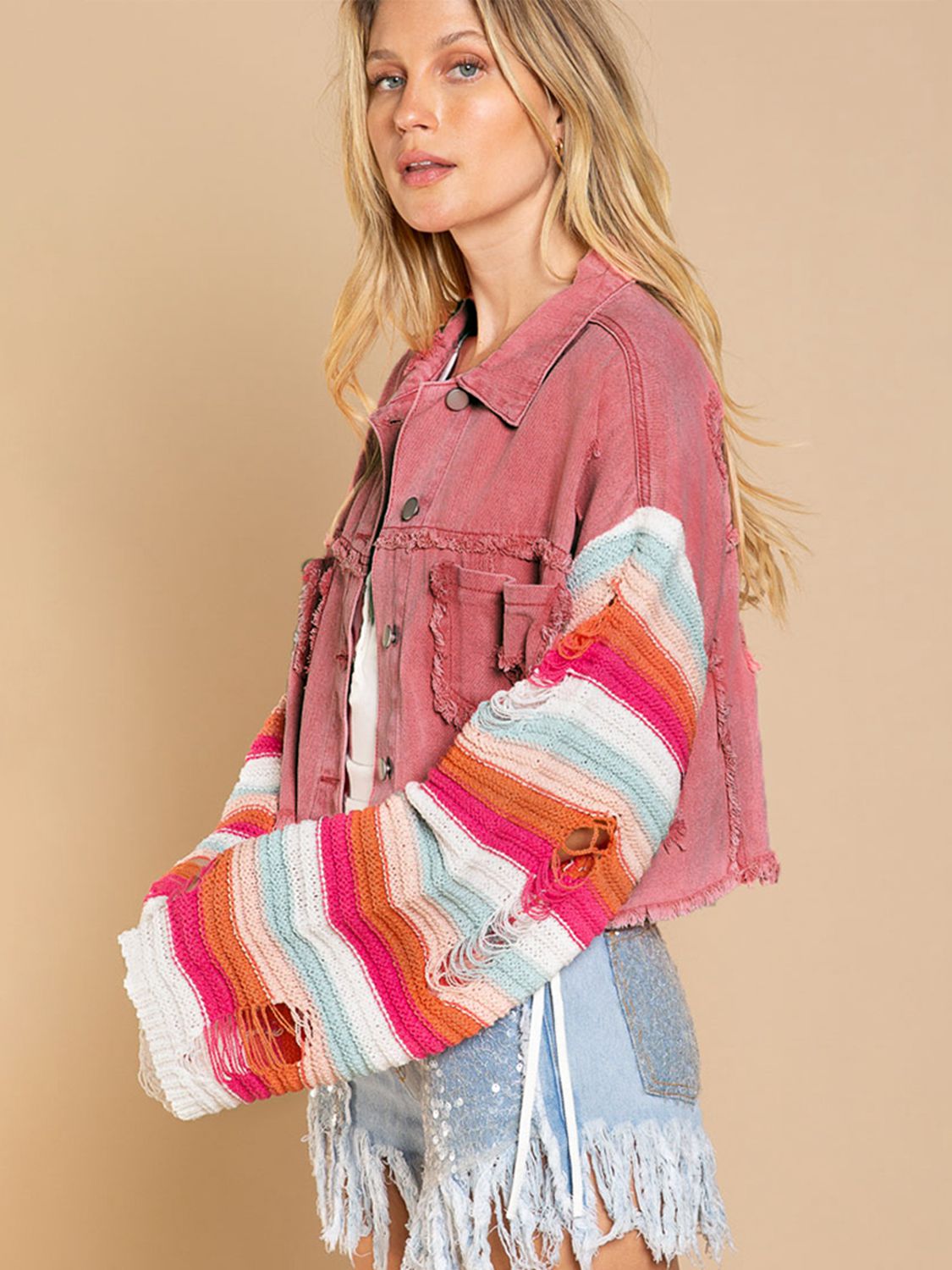 Distressed Striped Long Sleeve Denim Jacket-Teresa&#39;s Fashionista LLC