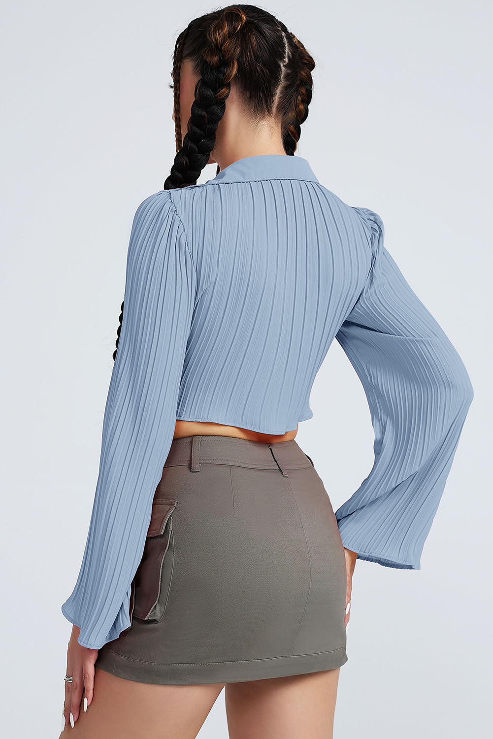 Tie Front Johnny Collar Flare Sleeve Cropped Top-Teresa&#39;s Fashionista LLC