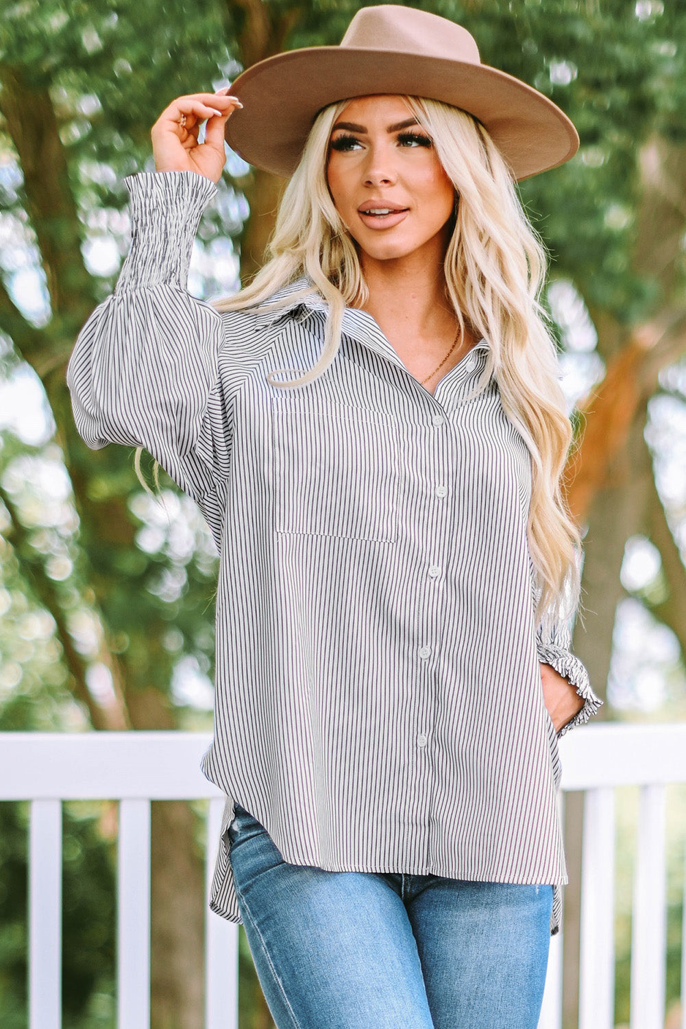 Striped Lantern Sleeve Collared Shirt-Teresa&#39;s Fashionista LLC