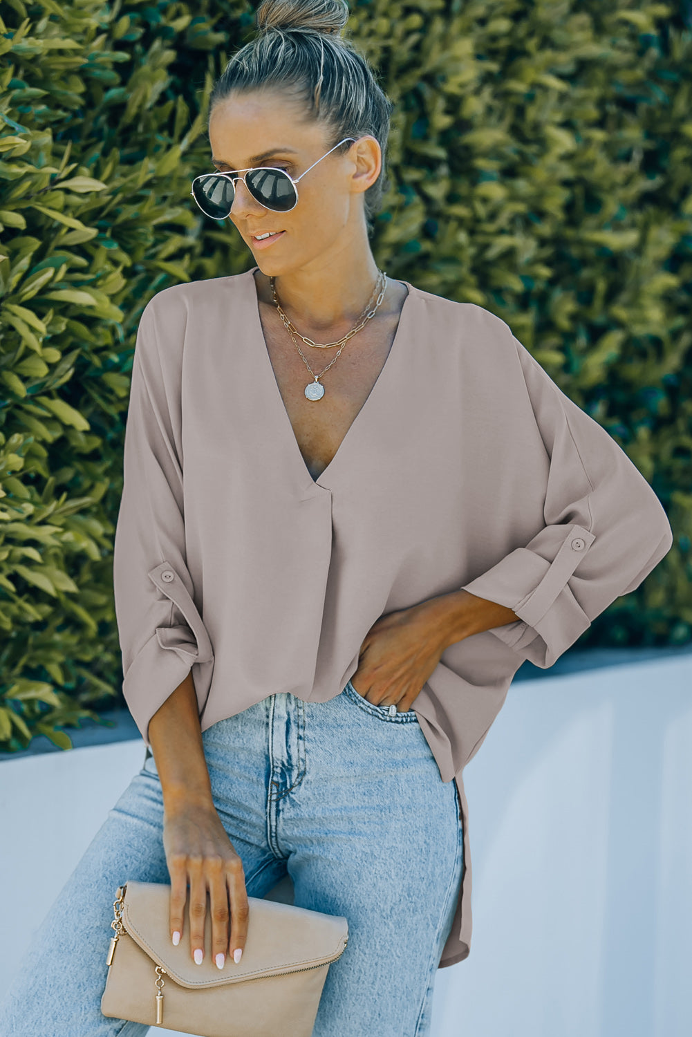 V-Neck Roll-Tab Sleeve Blouse-Teresa&#39;s Fashionista LLC