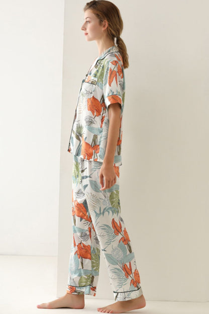 Botanical Print Button-Up Top and Pants Pajama Set-Teresa&#39;s Fashionista LLC