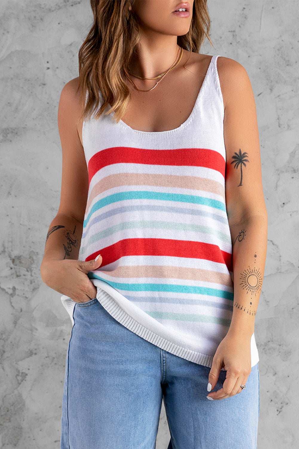 Rainbow Stripe Scoop Neck Knitted Tank-Teresa&#39;s Fashionista LLC