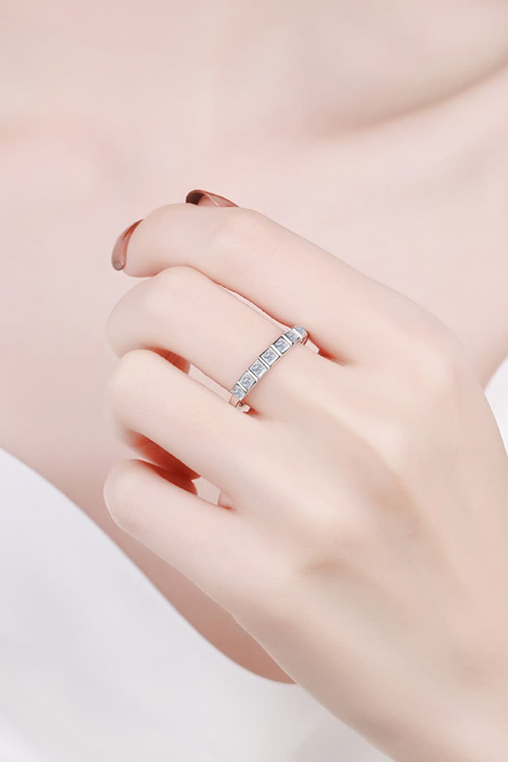 Moissanite Rhodium-Plated Half-Eternity Ring-Teresa&#39;s Fashionista LLC