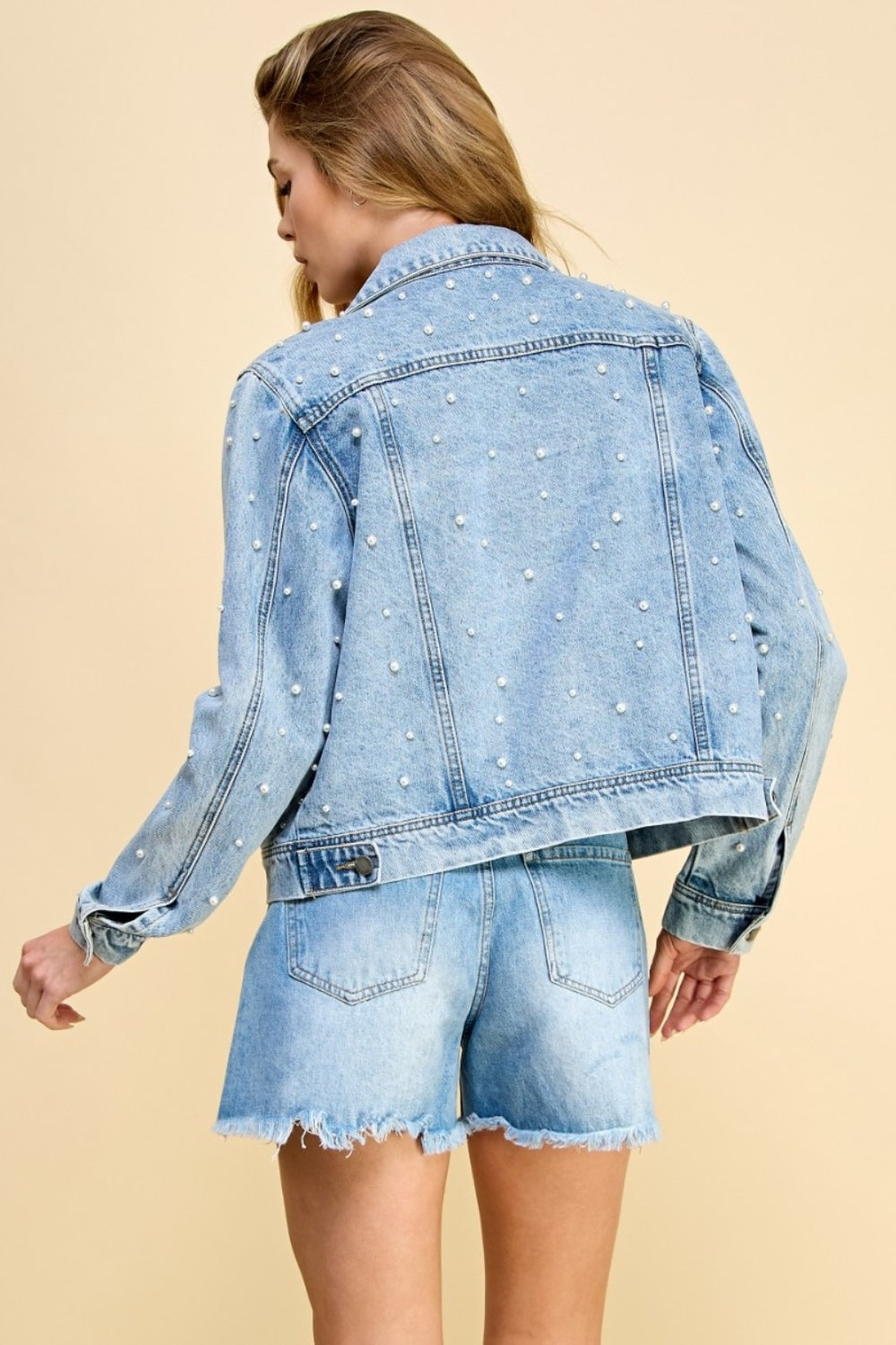 Veveret Button Up Pearl Detail Long Sleeve Denim Jacket-Teresa&#39;s Fashionista LLC