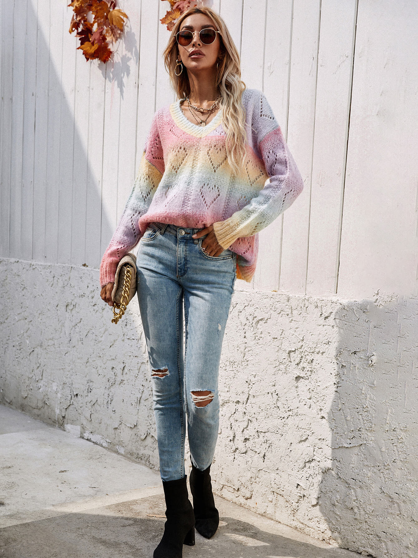 Tie-Dye V-Neck Drop Shoulder Pullover Sweater-Teresa&#39;s Fashionista LLC