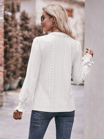 Eyelet Notched Neck Flounce Sleeve Blouse-Teresa&#39;s Fashionista LLC