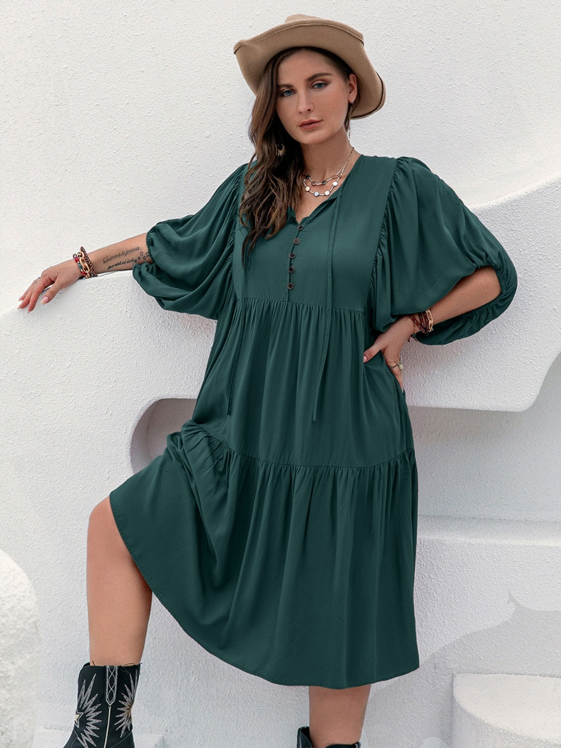 Plus Size Tie Neck Balloon Sleeve Midi Dress-Teresa&#39;s Fashionista LLC