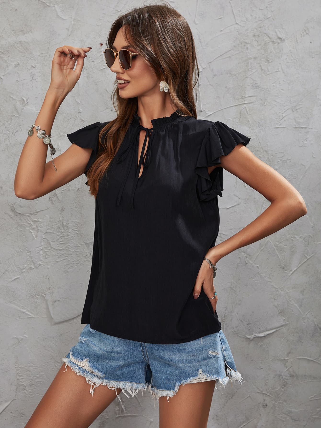 Tie Neck Flutter Sleeve Top-Teresa&#39;s Fashionista LLC