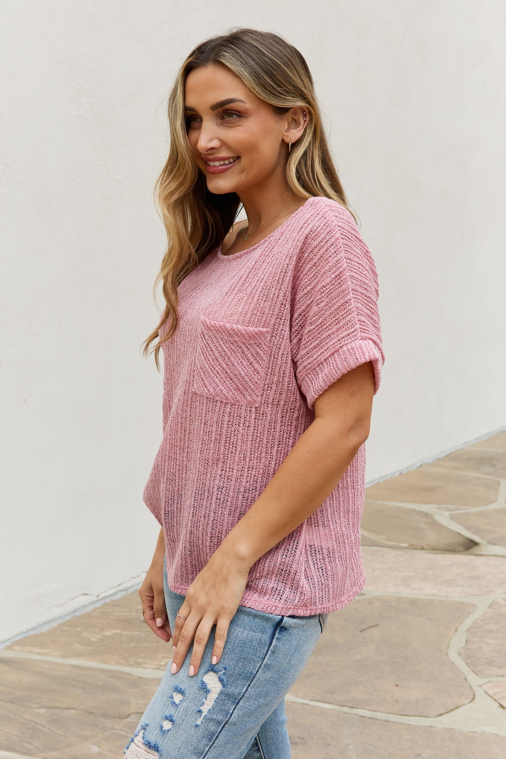 e.Luna Full Size Chunky Knit Short Sleeve Top in Mauve-Teresa&#39;s Fashionista LLC