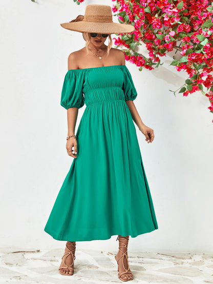 Off-Shoulder Balloon Sleeve Midi Dress-Teresa&#39;s Fashionista LLC