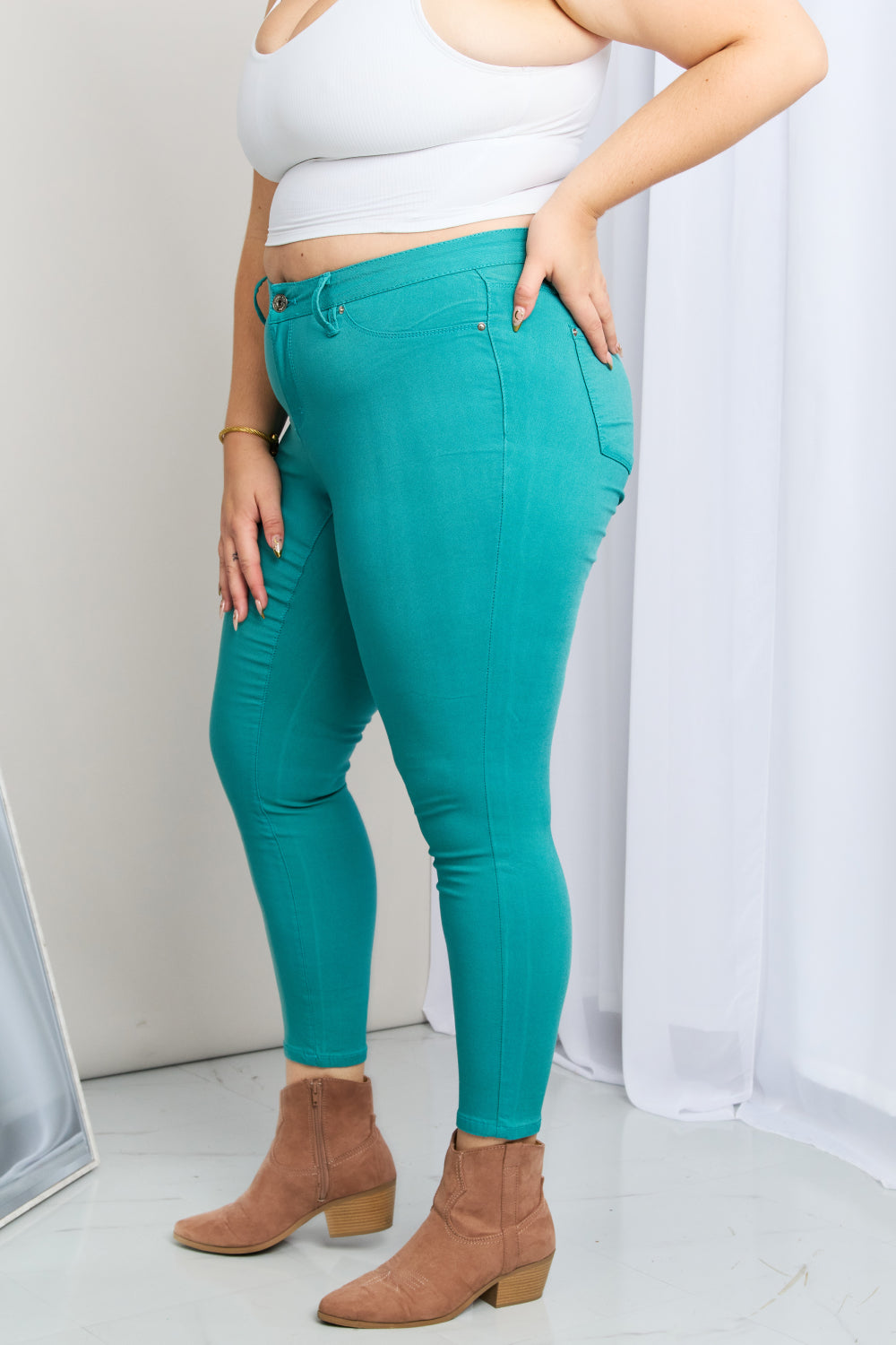 YMI Jeanswear Kate Hyper-Stretch Full Size Mid-Rise Skinny Jeans in Sea Green-Teresa&#39;s Fashionista LLC