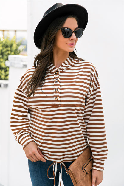 Striped Half-Button Dropped Shoulder Hoodie-Teresa&#39;s Fashionista LLC