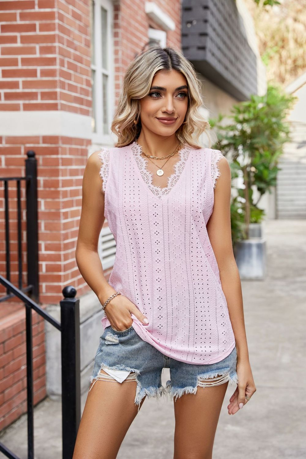 Eyelet Lace Trim Eyelash V-Neck Tank-Teresa&#39;s Fashionista LLC