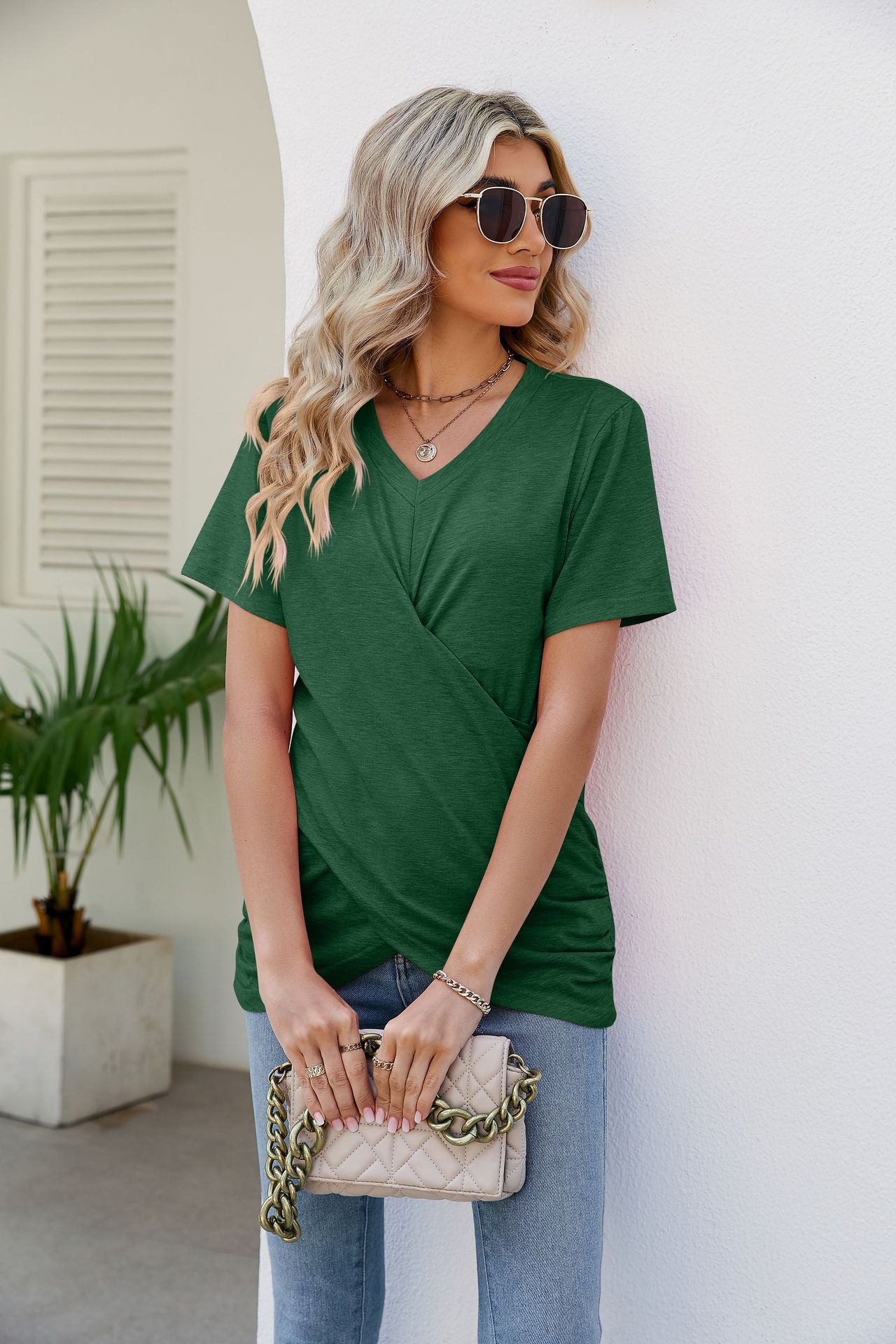 V-Neck Crisscross Short Sleeve Tee-Teresa&#39;s Fashionista LLC