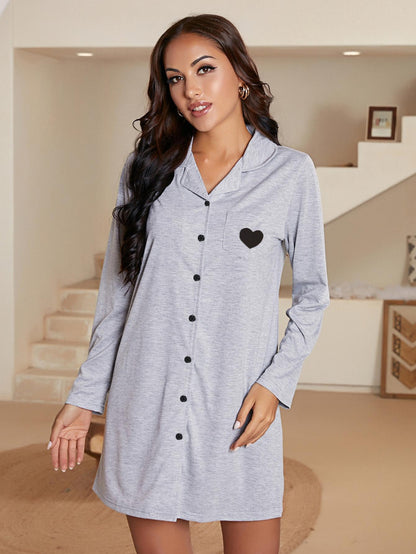 Heart Graphic Lapel Collar Long Sleeve Night Dress-Teresa&#39;s Fashionista LLC