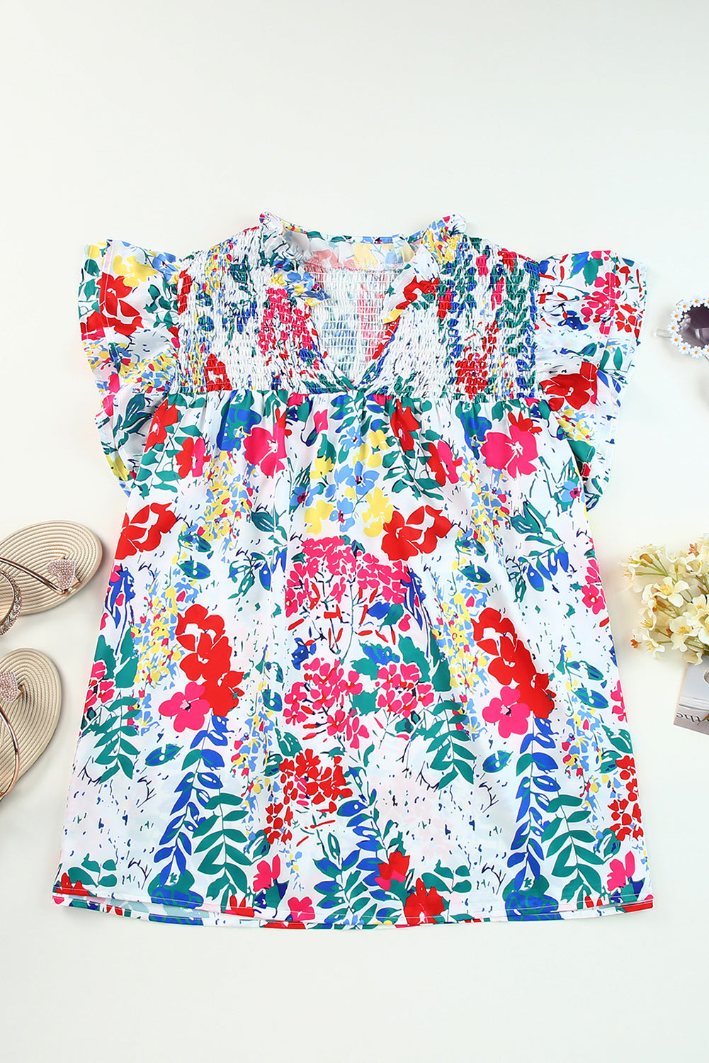 Plus Size Floral Smocked Flutter Sleeve Blouse-Teresa&#39;s Fashionista LLC