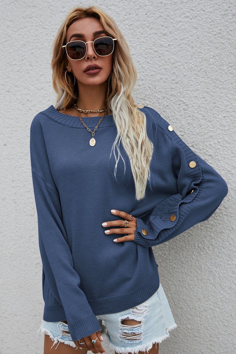 Button Detail Boat Neck Sweater-Teresa&#39;s Fashionista LLC