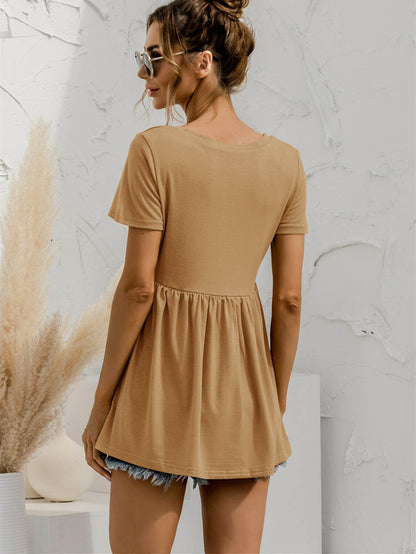 V-Neck Short Sleeve Babydoll Top-Teresa&#39;s Fashionista LLC