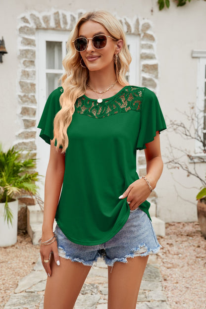 Spliced Lace Flutter Sleeve Top-Teresa&#39;s Fashionista LLC