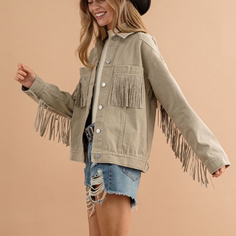 Fringe Detail Dropped Shoulder Denim Jacket-Teresa&#39;s Fashionista LLC