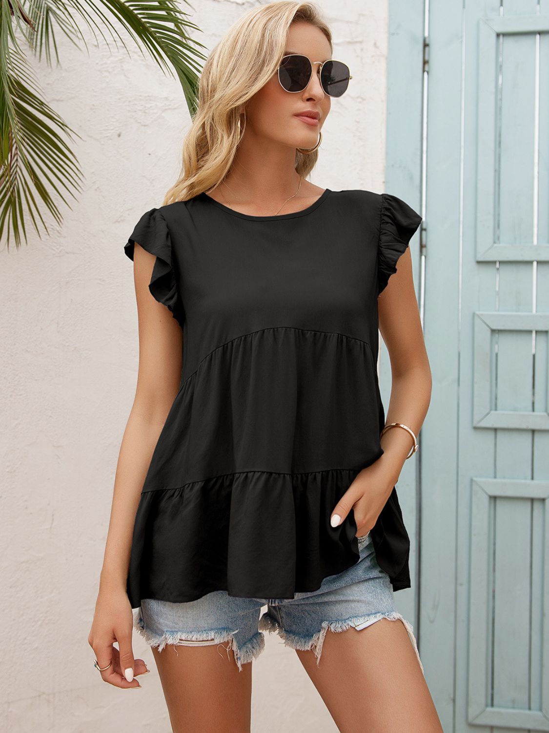 Round Neck Flutter Sleeve Tiered Blouse-Teresa&#39;s Fashionista LLC