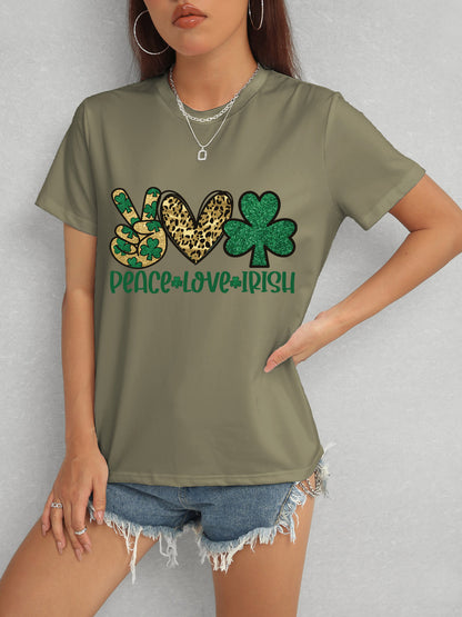 PEACE LOVE IRISH Round Neck Short Sleeve T-Shirt-Teresa&#39;s Fashionista LLC