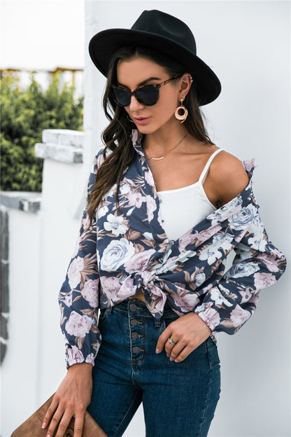 Floral Print Mock Neck Button Front Shirt-Teresa&#39;s Fashionista LLC