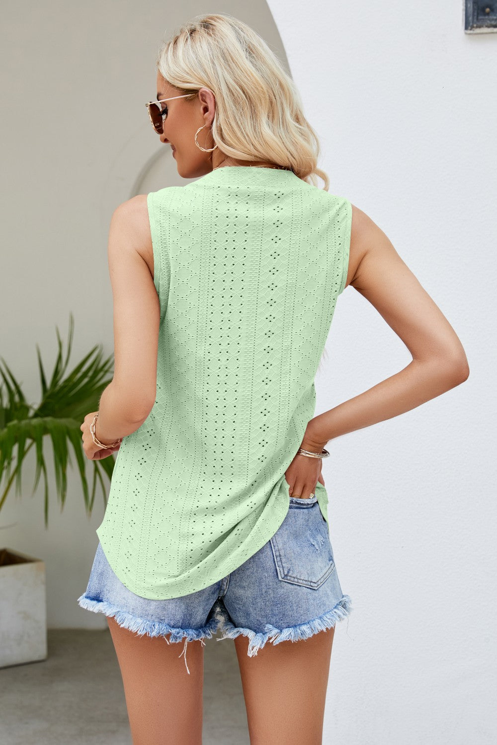 Notched Neck Curved Hem Eyelet Tank-Teresa&#39;s Fashionista LLC